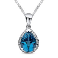 Image of 9ct White Gold Pear Shaped London Blue Topaz & Diamond Cluster Pendant 9x7mm