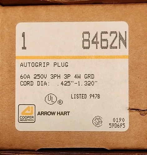 Cooper Arrow Hart 8462N 60A 250V 3PH 3P 4W Masse Nema 15-60P Autogrip Stecker, NEU - Bild 3 von 3