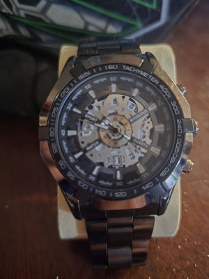 BINBOND Men's Sport Quartz Wristwatch Black Metal Band Tachymeter Luminous Hands