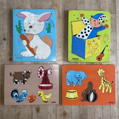 4 VTG Playskool Sifo Wooden Puzzles 2-6 Years Farm Circus Animals Jack in Box