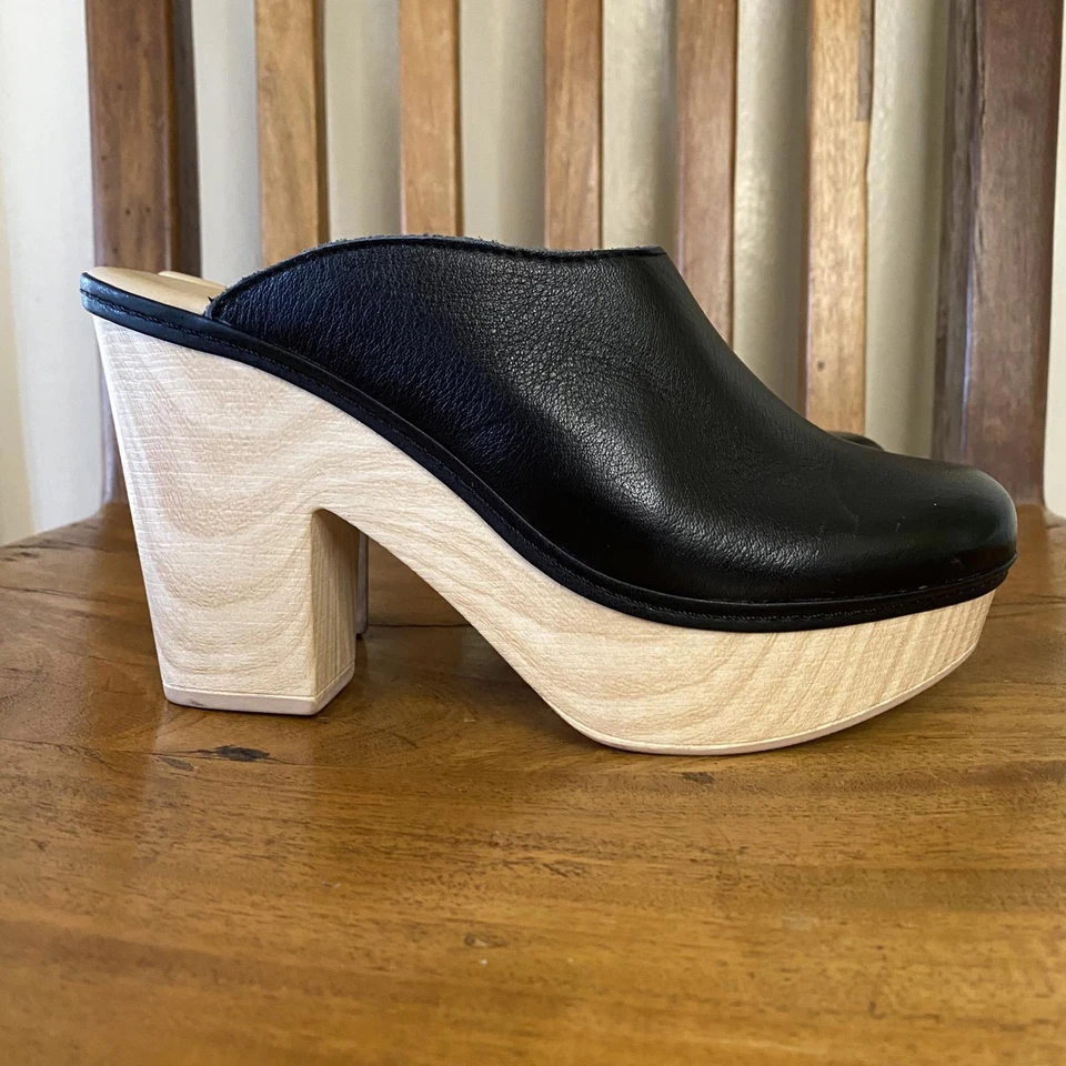 Zuecos de plataforma de cuero negro para lavandería china con detalles de madera natural talla 7,5 Foto 4 de 4