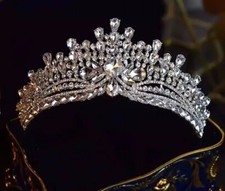 Tiara Large Crown Bridal Princess Queen Pageant Silver Plated Crystals