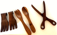 Lot of 5 Uniquely Hand Carved Wooden Salad Spoons, 3 Forks, Special Wooden Tongs