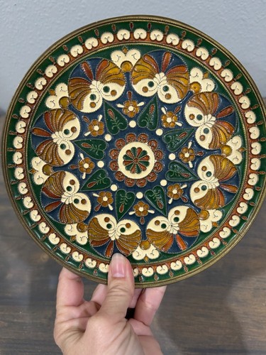 Vintage Cloisonne Brass Wall Plate Decorative Hanging Plate 7.5" - Picture 2 of 4
