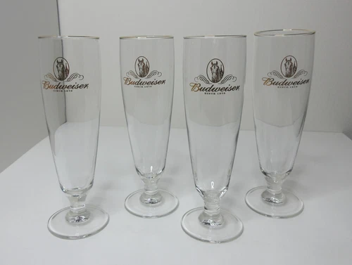 Set of 4 Budweiser Beer Pilsner Glasses 12 oz. Gold Trim Logo Clydesdale Head
