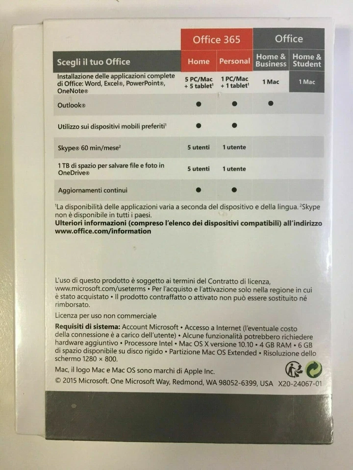 Office Home & Student 2016 Italian Retail Box for Apple Mac Computer GZA-00599 - Immagine 2 di 3