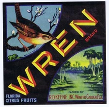 Wren Brand, Bird, R.D. Keene, Inc, Winter Garden Florida Crate Label  ORIGINAL