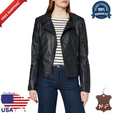 Women's Genuine Lambskin Leather Jacket Motorcycle Slim Fit Biker Jacket Black
