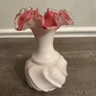 Fenton Vintage Salmon Colored Inside, Silver Crest, White Swirl Melon Vase, 6 In