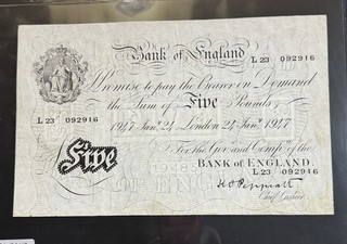 £5 White Five Pound Note Peppiatt L23 092916 1947 vf condition