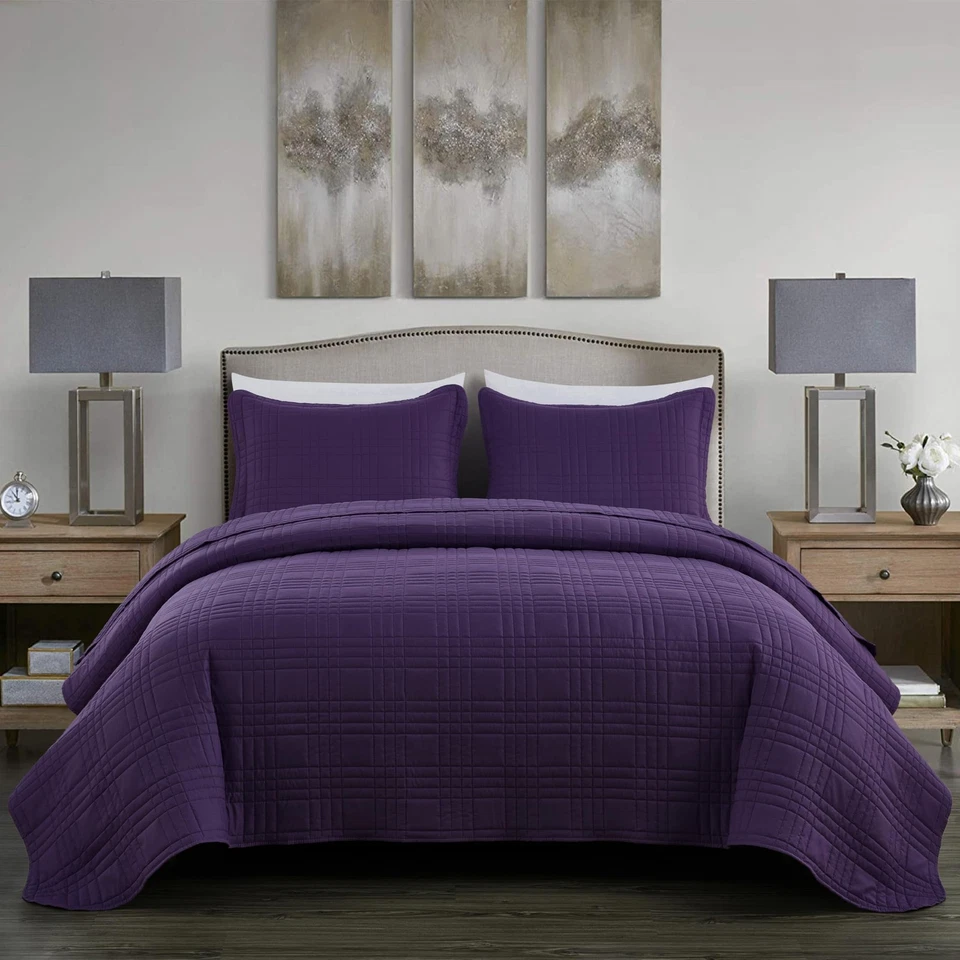 Kingston Queen Size Bedspread Set, 3-Piece Dark Purple Oversized Quilted Micr... - Image 3 of 4