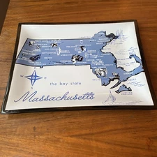Commemorative Mid-Century Glass dish Of the Bay State Massachusetts 9 x 7