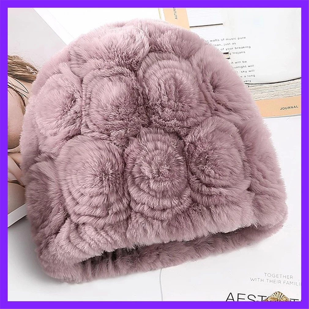 100% Real Rabbit Fur Hat Thicken Winter Warm Knitted Wooling Cap for Women
