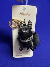 NATASHA FRENCH BULLDOG BAG CHARM KEY CHAIN Black Faux Leather Rhinestone NEW