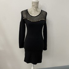 Ethina Long Sleeve Black Stretch Bodycon Dress With Sheer Panel & Beaded UK S