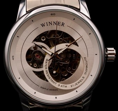 Luxus Winner Herren Armband Uhr Automatikuhr Weiß Silber Farben + offene Unruh