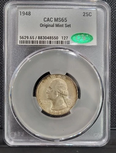 1948 CAC MS65 Original Mint Set 25c Washington 90% Silver Toned Graded Coin