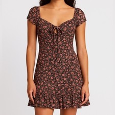 Elodie Floral Ruffle Mini Dress Black Pink Sweetheart Tie Front Size L Boho