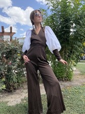Vintage 70s Jerell Of Texas Brown Polka Dot Jumpsuit Flare Leg Bishop Sleeves S