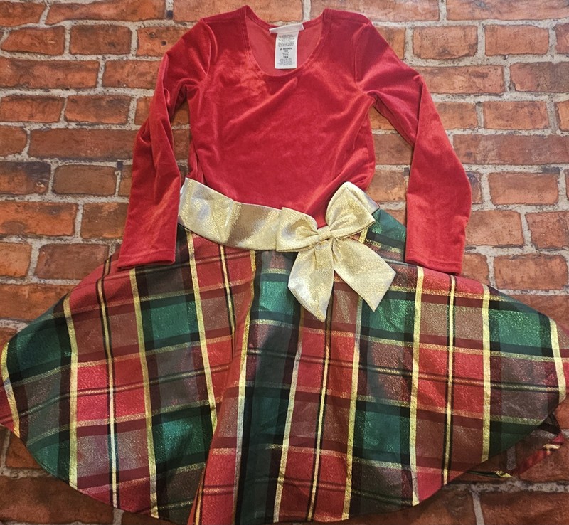 Bonnie Jean Girls Christmas Dress Gold Red Green Plaid Sz 6x