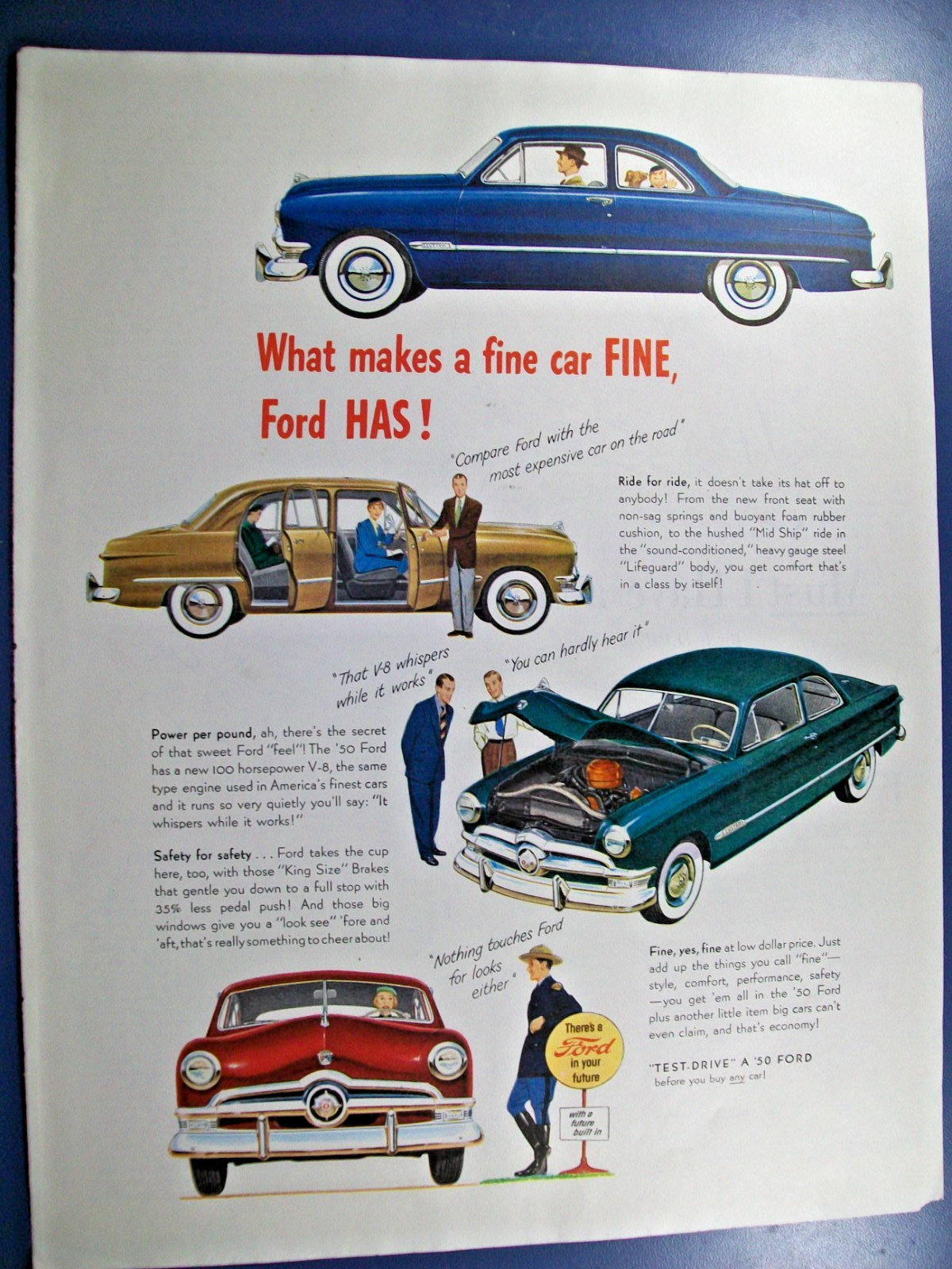 1950 Ford Coupe Tudor Fordor large-mag car ad- "What makes fine car fine"