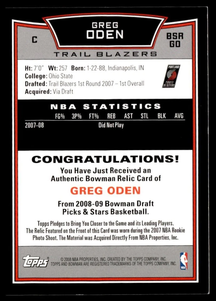 2008-09 Bowman Retail Relics Greg Oden novato Portland Trail Blazers #BSRGO Foto 2 de 2