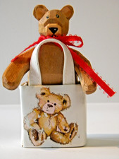 Teddy Bear in a Bag Wooden Jointed Brown Bear White Distressed Handled Bag 4 x 4
