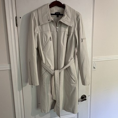 Danier Cream Leather Trench Coat With Belt And Insulated Size XL