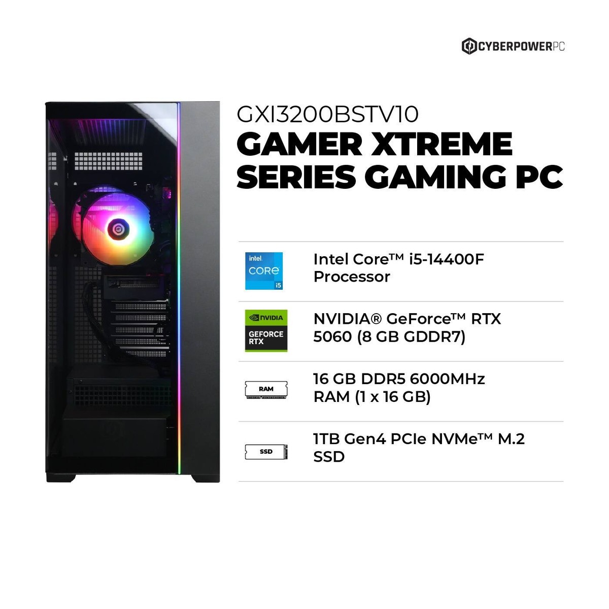 ゲーミングPC Core i5 14400F RX6600 メモリ16GB CyberPowerPC - Gamer Xtreme Gaming Desktop - Intel Core i5