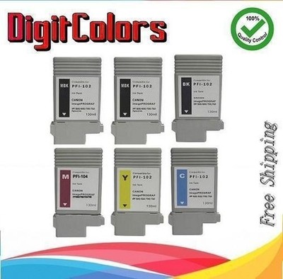 Set 6 colors PFI102 & PFI104 Ink Cartridge Fit Canon IPF650 IPF655 IPF750 755MFP