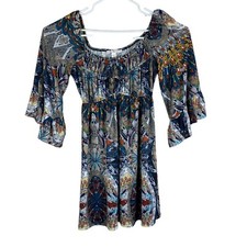 Boston Proper Feather Design Bohemian Dress Peasant Multicolor Bell Sleeves XS