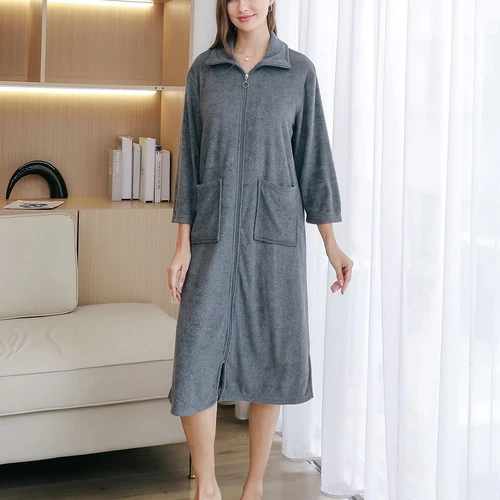 Women's Full Zip Robe 3/4 Sleeve Soft Terry Cloth Comfy Pockets House Coat - Picture 43 of 44