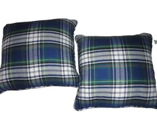 RALPH LAUREN WOOL BLEND TARTAN BLUE GREEN YELLOW PLAID (2) THROW PILLOWS 22X22