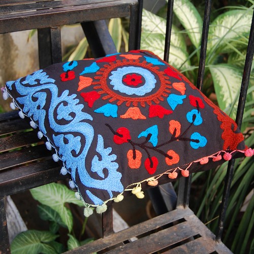 Indian Suzani Floral Embroidered Cushion Cover Cotton Square Pillow Case 16x16" - Picture 2 of 5