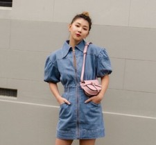 C/MEO COLLECTIVE Peripheral Mini Dress Blue Denim Short Sleeve Zip Front Medium