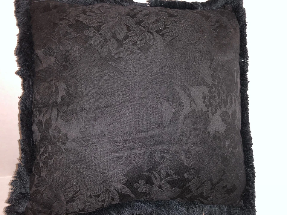 THREE JACQUARD FLORAL BLACK/ BLACK DECORATIVE PILLOW FRINGE HOME DECOR BEDDING - Image 4 of 4