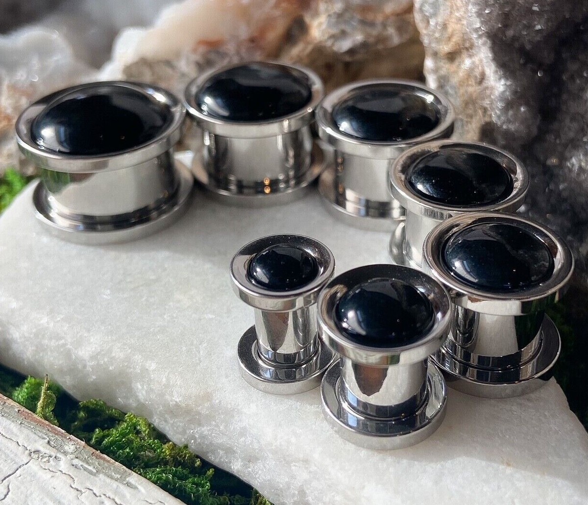PAIR Onyx Stone Dome Steel Screw Fit Tunnels Gauges Plugs