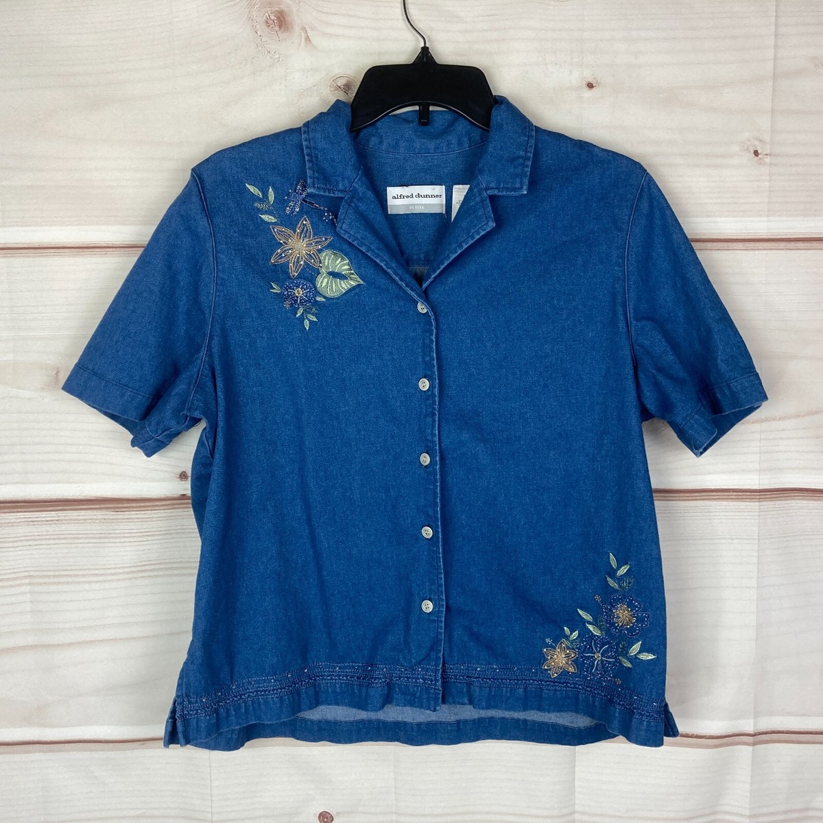 Alfred Dunner Top Womens 16P Blue Chambray Shirt Button Up Floral
