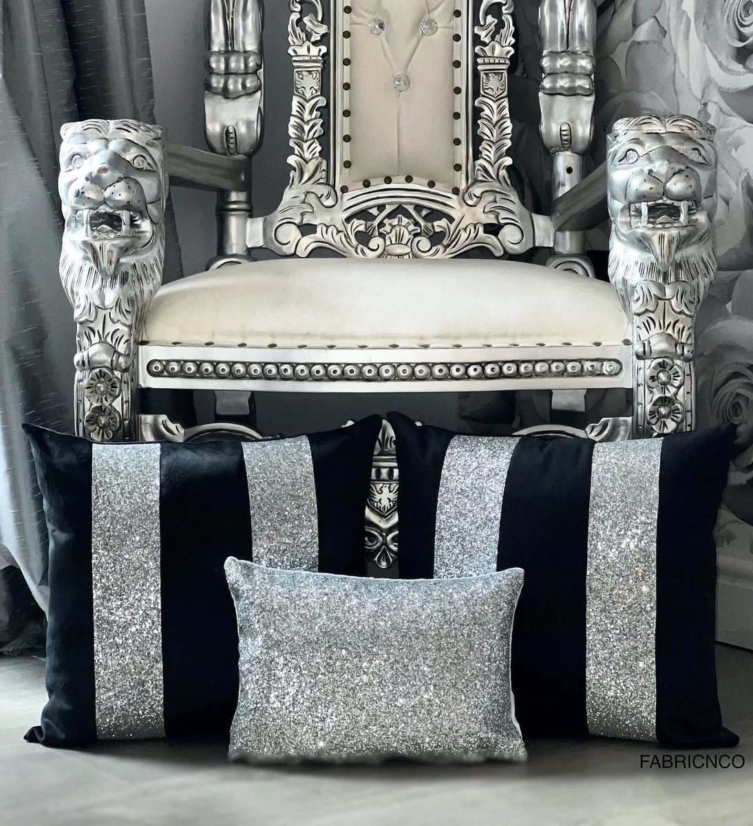Black and Silver Plush Velvet Glitter Cushion Cover Set Black