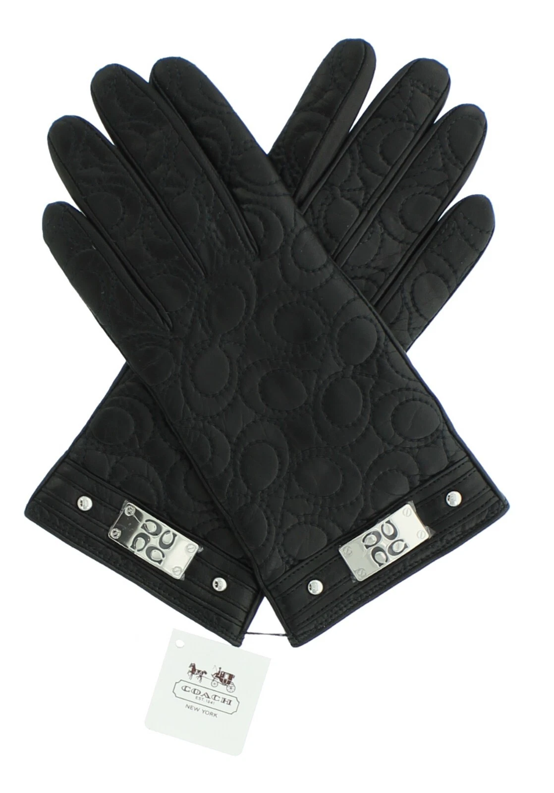 Coach Leather Cashmere Gloves, Women's Quilted Logo Plaque, 82820 MSRP $148