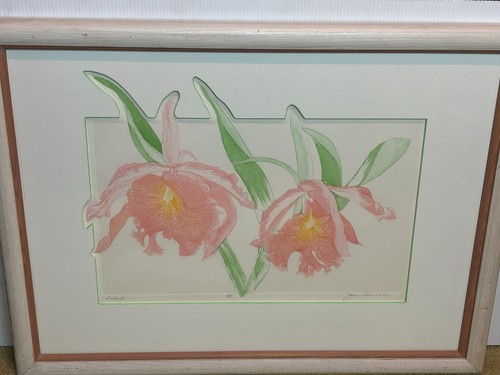 Vintage 80s 90s White Pink Orchids Flowers Signed Watercolor Painting Framed - Picture 2 of 15