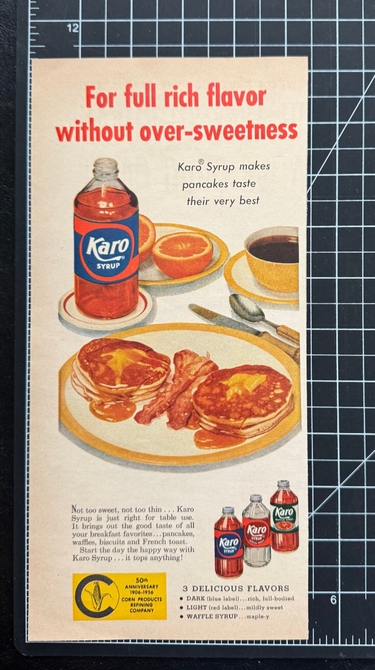 Karo Syrup Pancakes Bacon Coffee Orange Breakfast Vintage Print Ad 1956