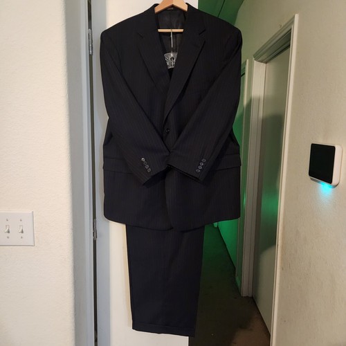 VINTAGE Society Brand Suit Hartmarx USA Black Pinstripe Blazer 46S Pants W38 L27