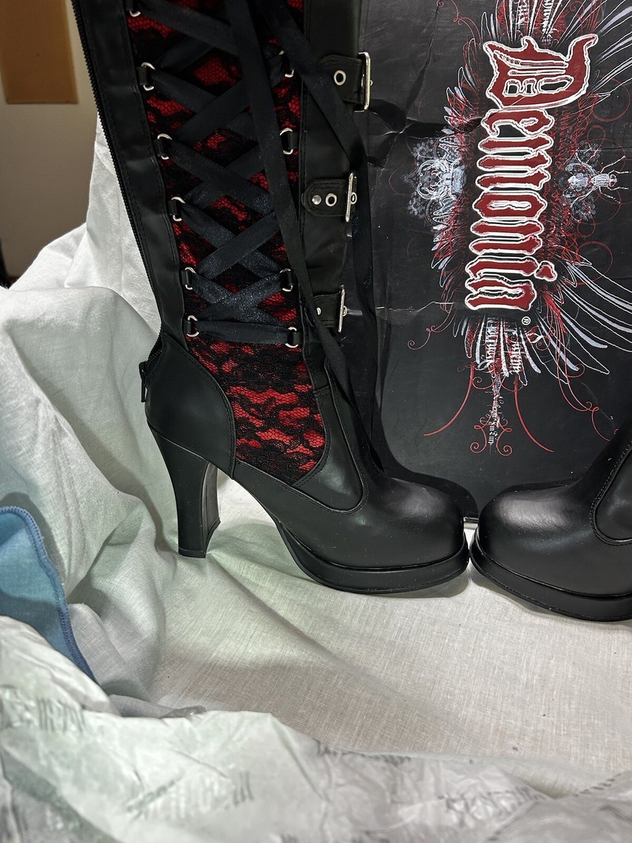 Demonia cult Boots CRYPTO106 Black Red Vegan Leather 4” Heal