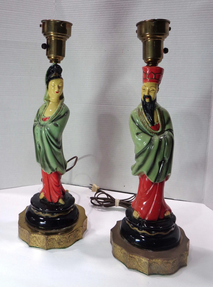 Pair Vtg Continental Art Co 1950s Chinese Asian Figures Chalkware Table Lamps