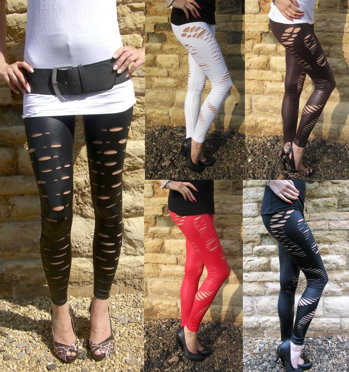 Long Length WET LOOK Ripped Slashed Leggings HALLOWEEN 8 10 12 14 16 18 20  22 24