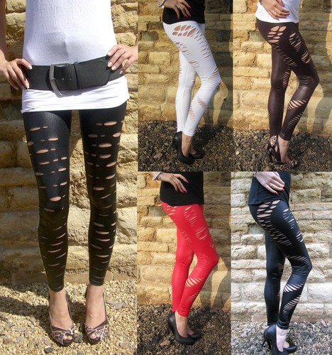 Long Length WET LOOK Ripped Slashed Leggings BLACK UK 8 10 12 14 16 18 20  22 24 | eBay