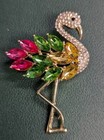 Nwot Goldstone Pink Green Rhinestone Flamingo Brooch Pin