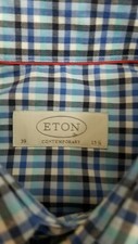 285 Eton Sweden Contemporary Blue Gingham Plaid Button Up Dress Shirt 15.5 39