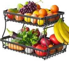 2 Tier Fruit Basket with 4 Banana Hangers, Improved Fruit Bowl for Kitchen Count